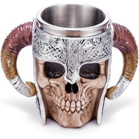 Stainless Steel Double Handle Horn Skull BeerCup,Viking Warrior SkullMug Tankard - Picture 1 of 6